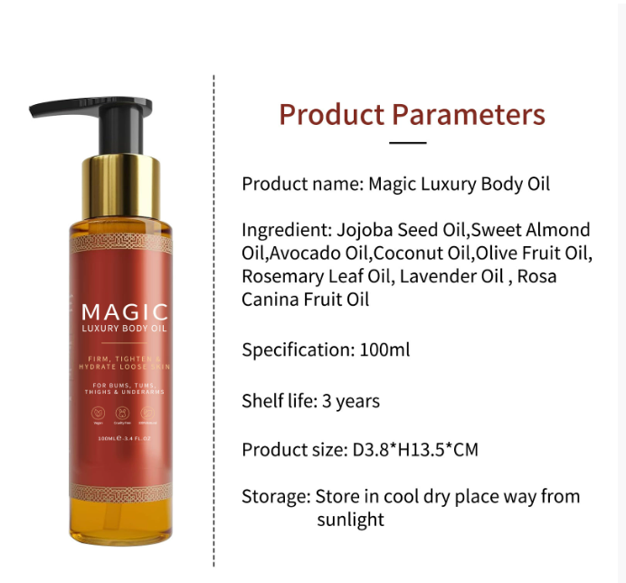 Magic Luxury Body Oil bottle with pump, ingredient list, 100ml size, and product parameters