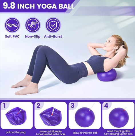 Woman using 9.8 inch purple yoga ball for core exercise, features soft PVC, non-slip, anti-burst