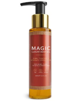 Magic Luxury Body Oil bottle with pump, hydrating skin care product for firming and tightening