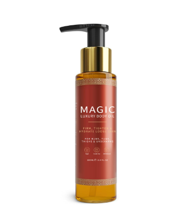 Magic luxury body oil bottle with pump for firming and hydrating skin, 100ml